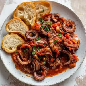 Plate of polipetti in tomato sauce, garnished with parsley and bread.