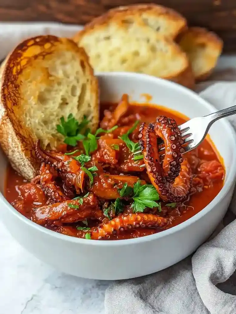 Bowl of baby octopuses in tomato sauce with toasted bread on marble surface.