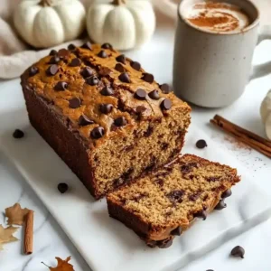 Sliced pumpkin loaf with chocolate chips, surrounded by white pumpkins and a mug.