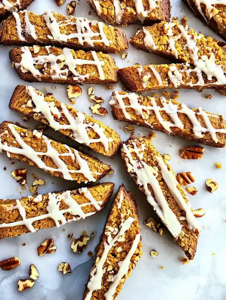 Pumpkin spice biscotti drizzled with white chocolate and topped with pecans.