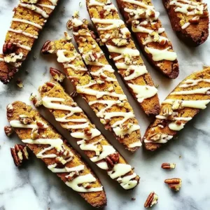 Pumpkin spice biscotti drizzled with white chocolate and topped with pecans.