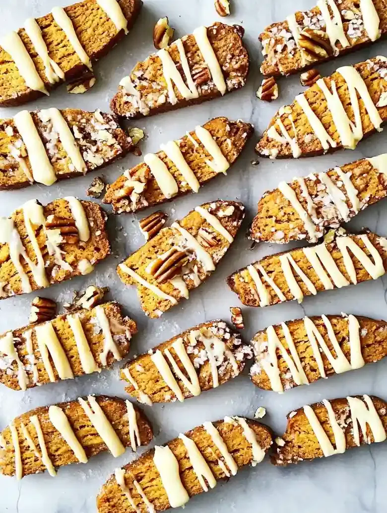 Pumpkin spice biscotti drizzled with white chocolate and topped with pecans.