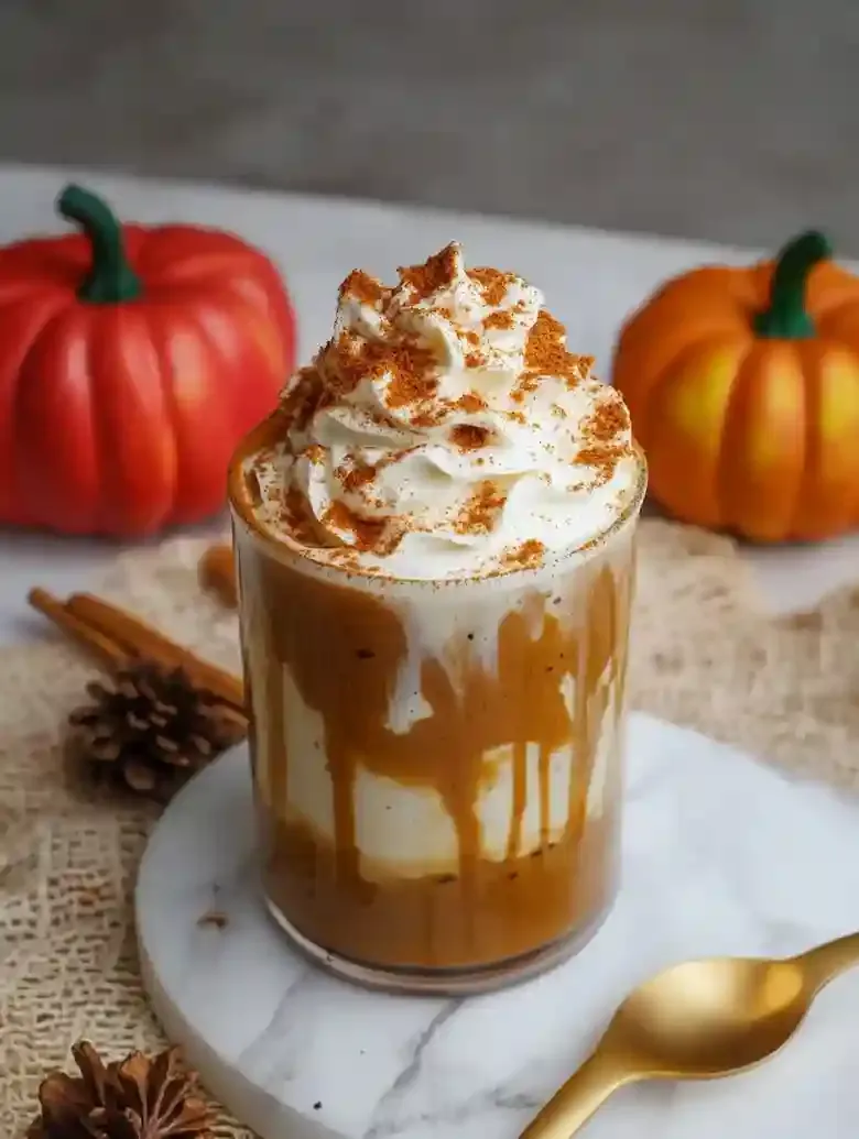 Pumpkin cheesecake latte topped with whipped cream on marble surface.