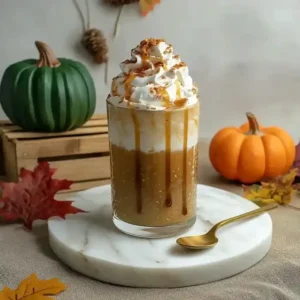 Pumpkin cheesecake latte topped with whipped cream on marble surface, with pumpkins.