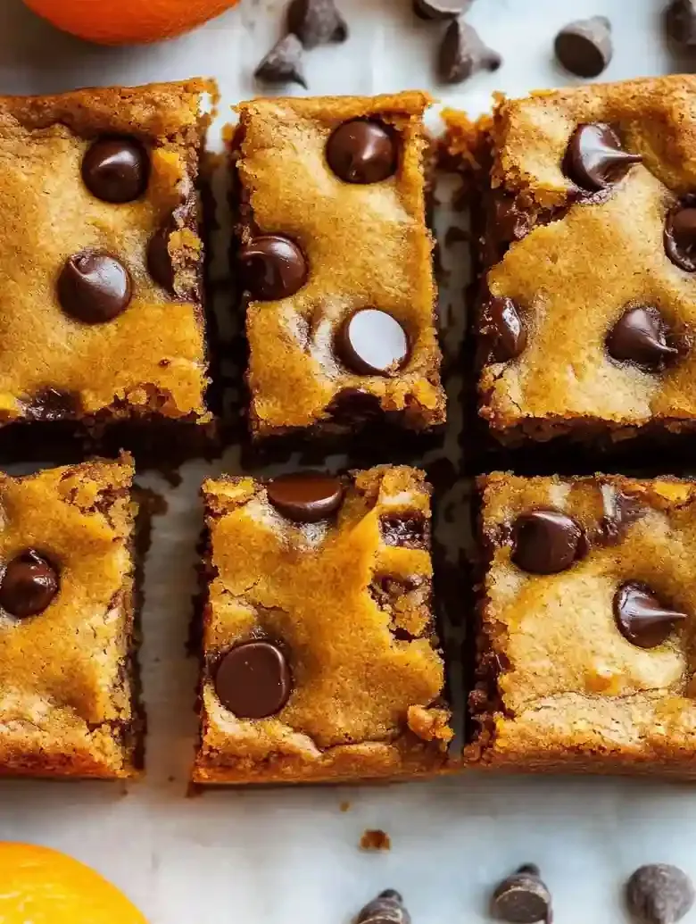 Pumpkin chocolate chip bars on marble surface with scattered chocolate chips.