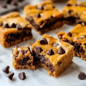 Freshly baked pumpkin chocolate chip bars on a marble surface.
