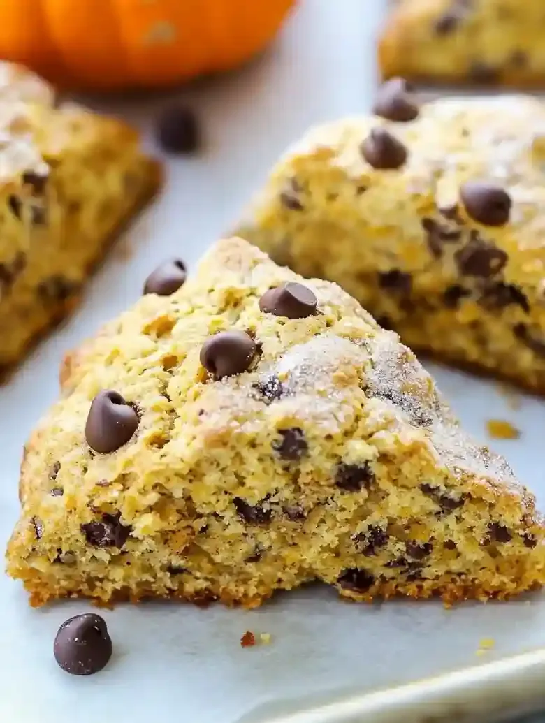 Golden-brown pumpkin chocolate chip scones on a baking sheet.