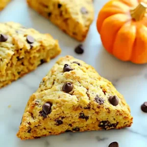 Golden-brown chocolate chip pumpkin scones on white marble surface.
