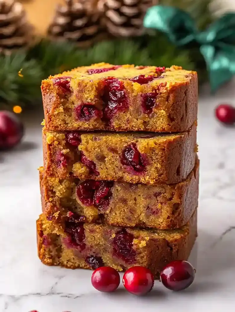 Pumpkin cranberry loaf slices on marble surface with whole cranberries.