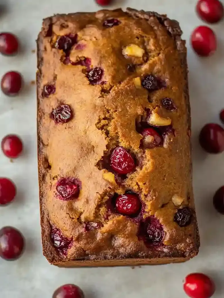 Baked pumpkin cranberry loaf on marble surface with whole cranberries.