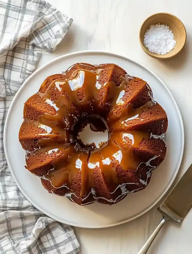Pumpkin cream cheese Bundt cake with caramel glaze on white plate.