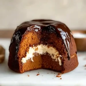 Slice of pumpkin Bundt cake with cream cheese filling and chocolate glaze.