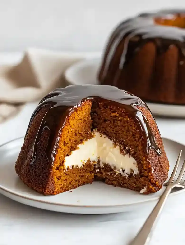 Sliced pumpkin cream cheese bundt cake on a white plate with fork.