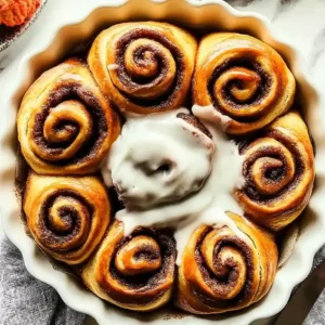 Freshly baked cinnamon rolls with icing in a white ceramic dish.