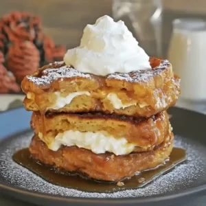 Stacked baked French toast with cream cheese filling, drizzled with sauce.