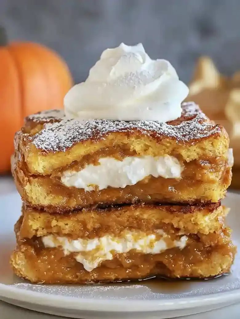 Stack of baked French toast with cream cheese, pumpkin, and whipped cream.