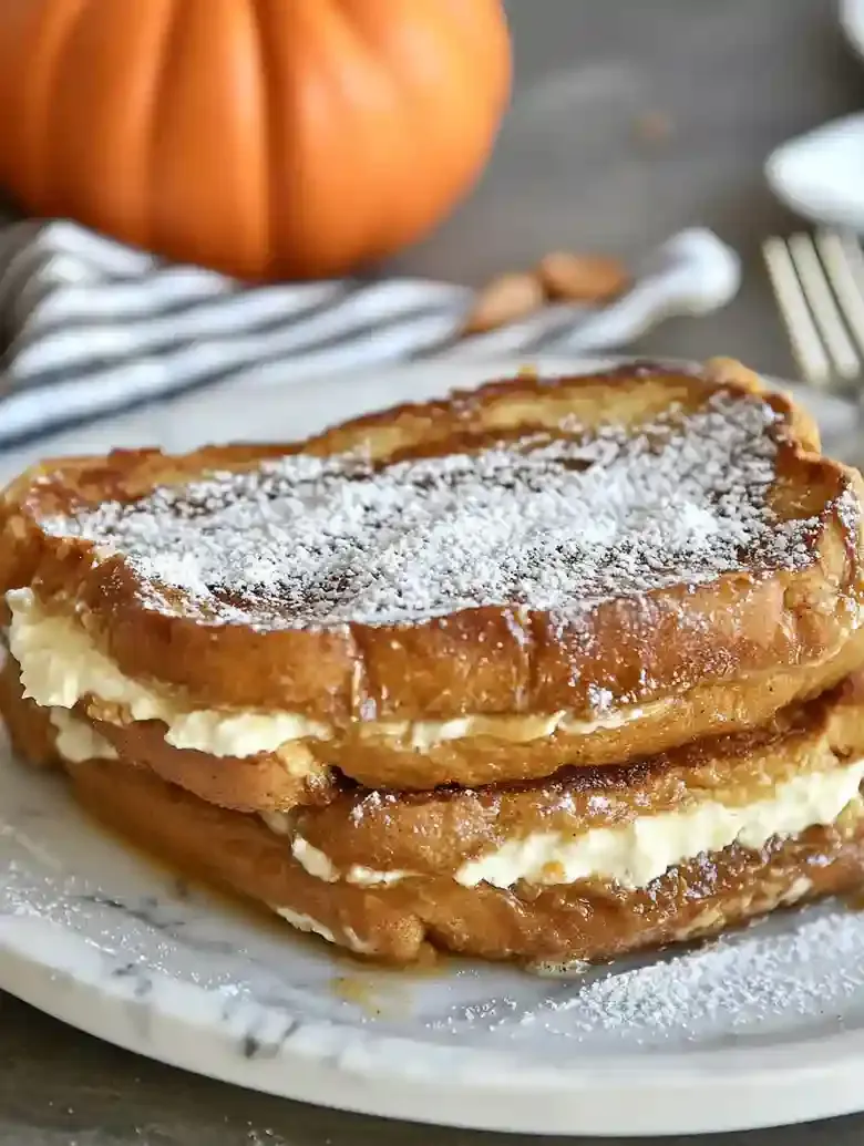 Baked pumpkin cream cheese French toast with powdered sugar and a decorative pumpkin.