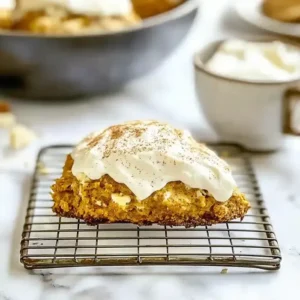 Pumpkin cream cheese scone on a cooling rack with a coffee mug nearby.