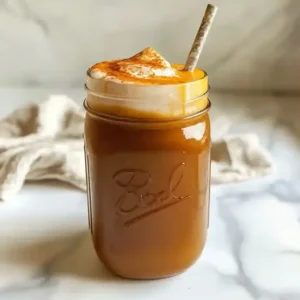 Mason jar filled with cold brew coffee topped with pumpkin cold foam.