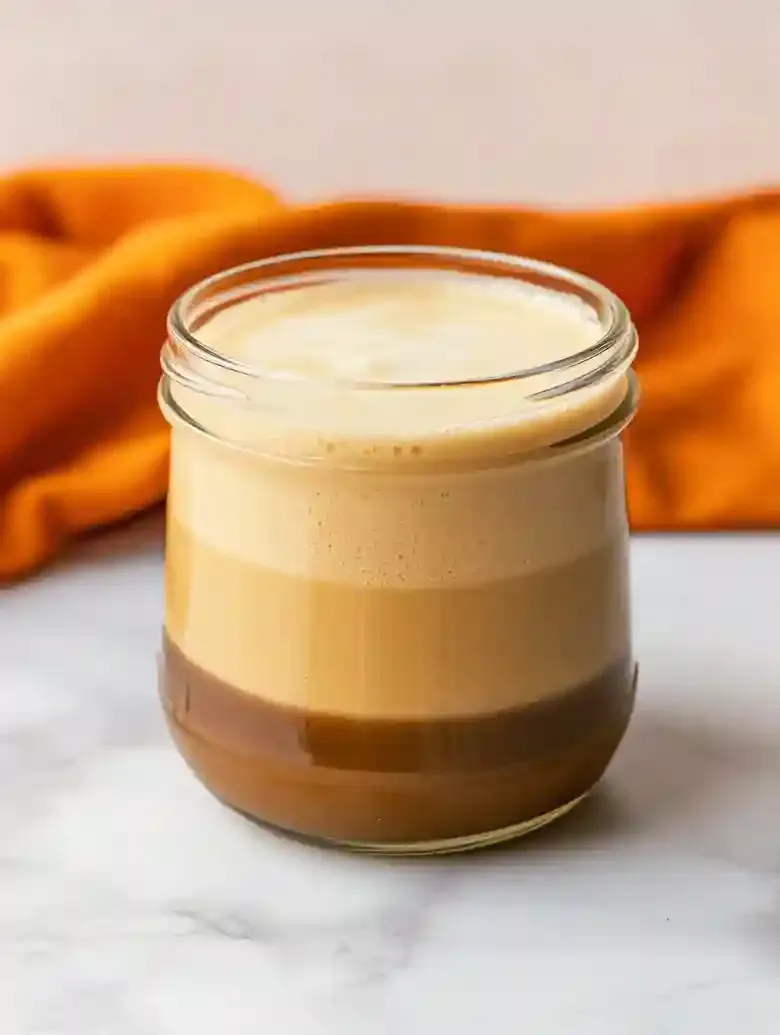 Layered drink in glass jar with pumpkin cream foam and coffee base.