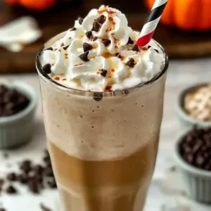 Pumpkin frappuccino with whipped cream and chocolate toppings on marble surface.