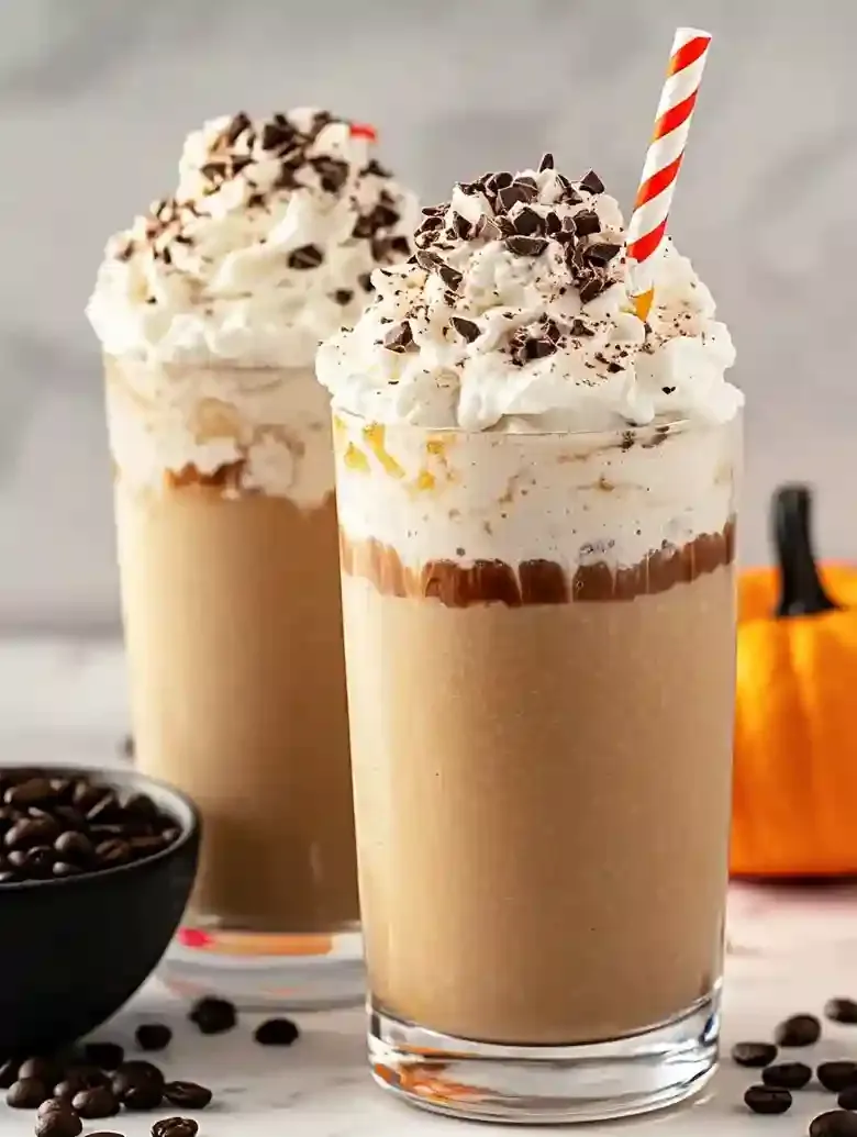 Two glasses of pumpkin cream beverage with whipped cream and chocolate toppings.