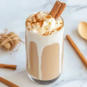 Pumpkin spiced latte in a glass with whipped cream and a cinnamon stick.