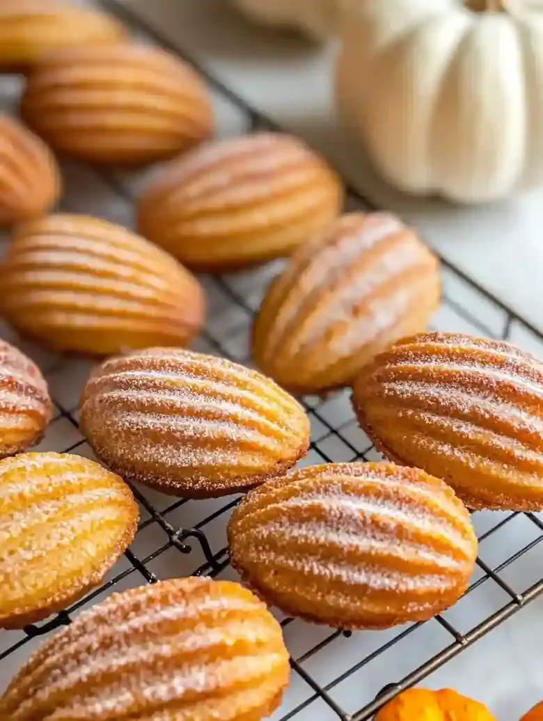 Tray of pumpkin madeleines on wire rack with a small white pumpkin.