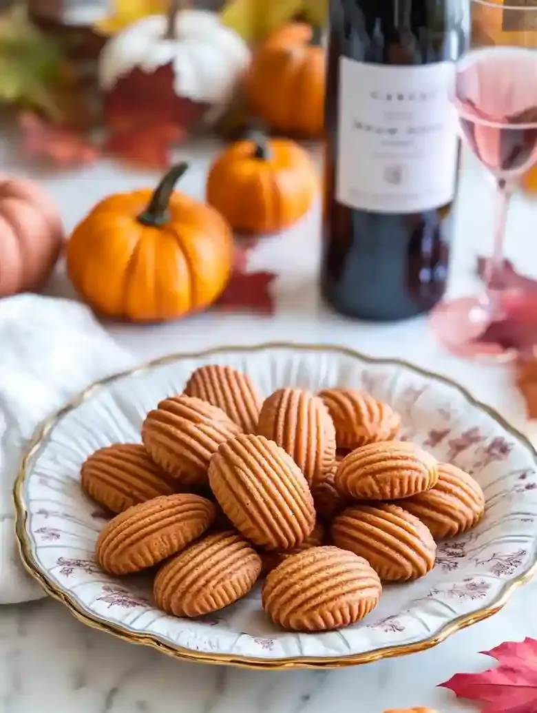 Plate of pumpkin madeleines on marble surface with autumn decor.
