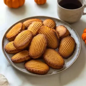 Plate of pumpkin madeleines with spices, coffee cup, and small pumpkins.