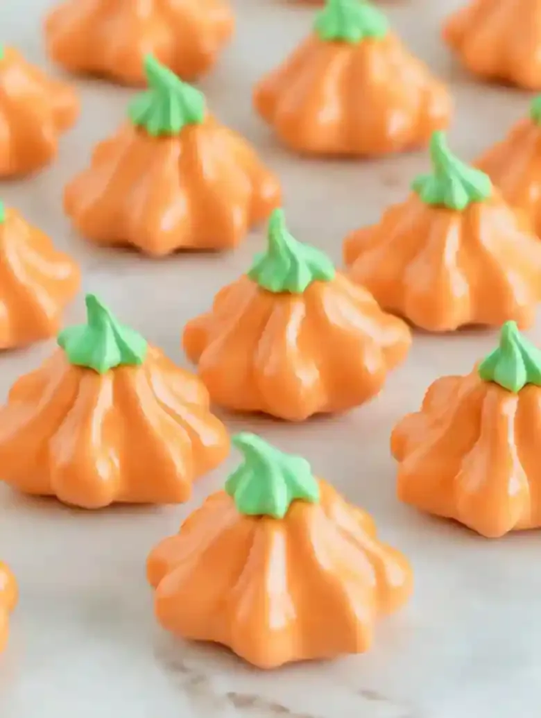 Orange meringue cookies shaped like pumpkins on a marble surface.