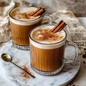 Two glass mugs of pumpkin spice latte on a marble surface with a spoon.