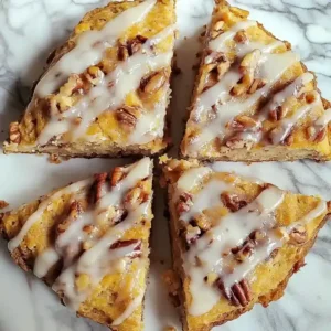 Golden-brown scones on a marble surface, topped with glaze and pecans.