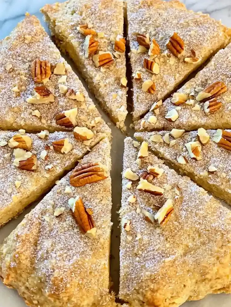 Scone dough disc divided into eight sections, topped with pecans and cinnamon sugar.