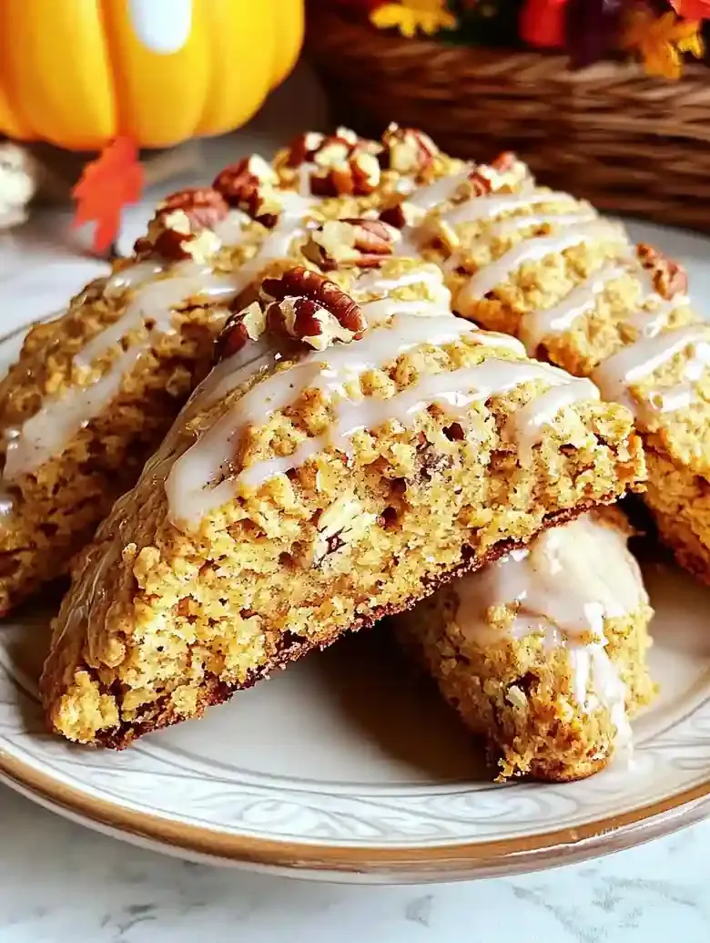 Golden-brown oatmeal pumpkin scones drizzled with glaze and topped with pecans.