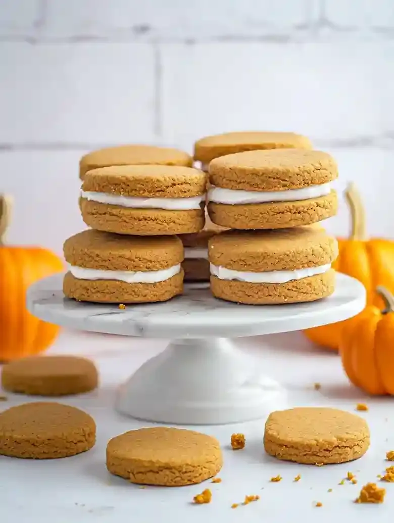 Pumpkin spice cookie sandwiches on white marble with orange pumpkins.