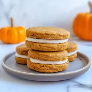 Pumpkin spice cookie sandwiches stacked on a marble surface with pumpkins.