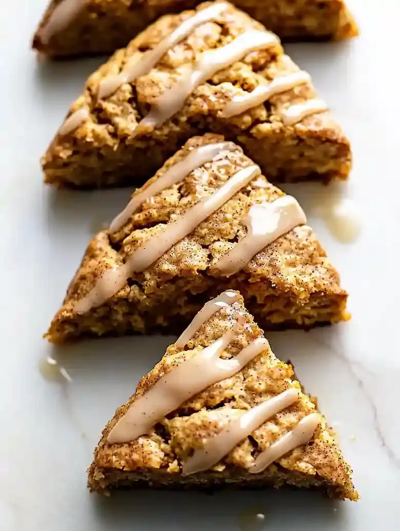 Pumpkin snickerdoodle scones drizzled with glaze on a marble surface.