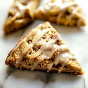 Three triangular scones on marble, drizzled with maple glaze and sugar.