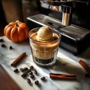 Pumpkin spice affogato in glass cup on marble surface with coffee beans.