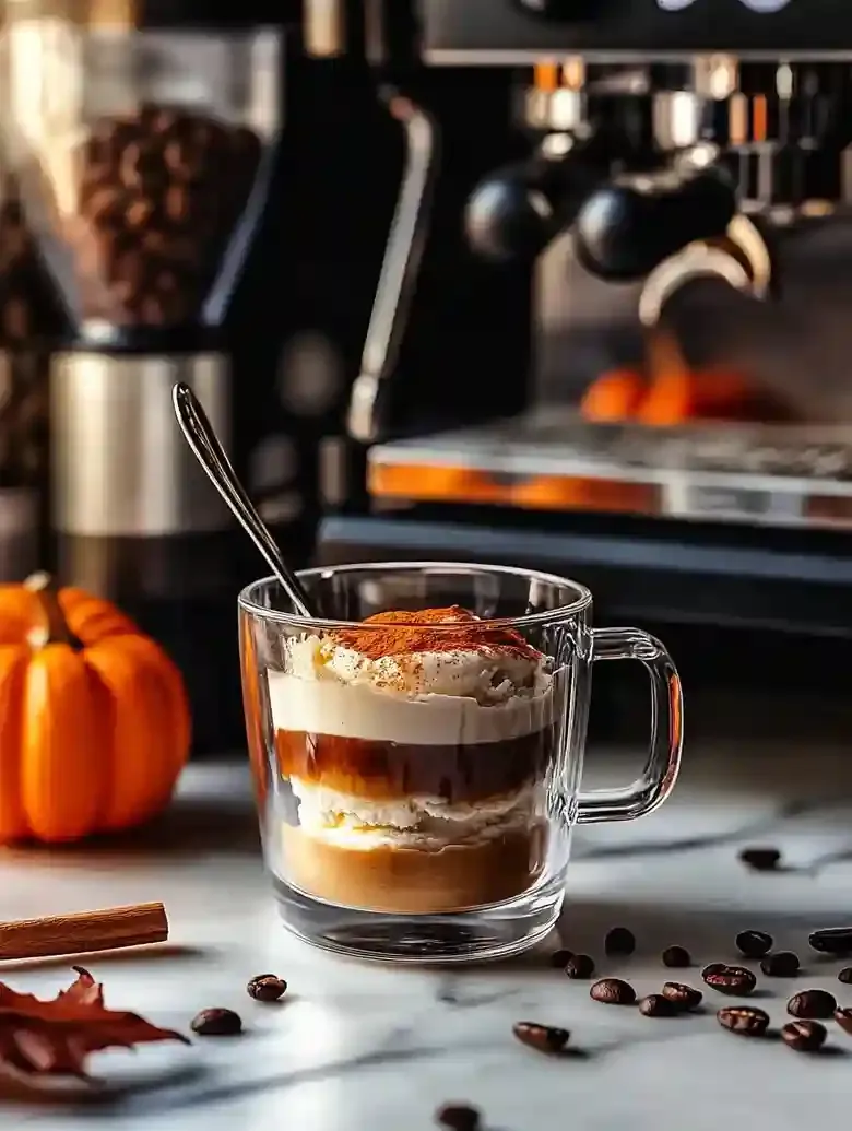 Glass mug with pumpkin spice gelato and espresso on marble surface.
