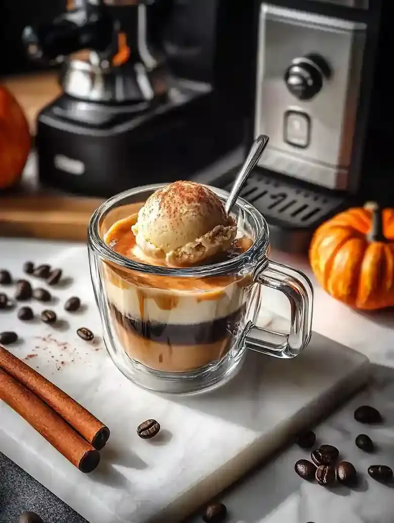 Glass mug with pumpkin spice gelato and espresso, surrounded by coffee beans and cinnamon.