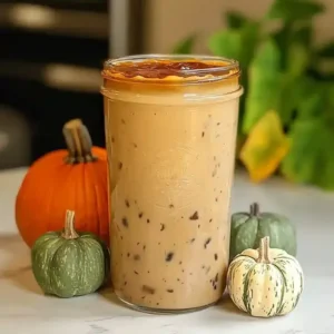 Iced brown beverage with ice cubes, surrounded by autumn pumpkins.