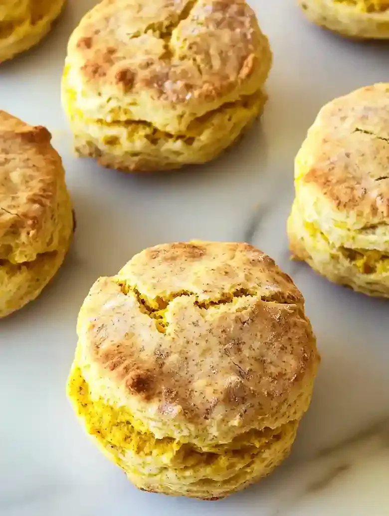 Golden-brown pumpkin spice biscuits arranged on a white marble surface.