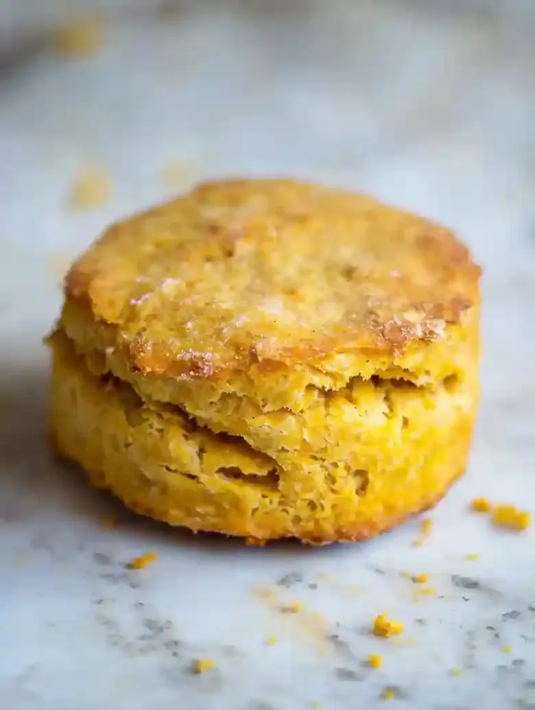 Golden-brown pumpkin spice biscuit with flaky layers on marble surface.