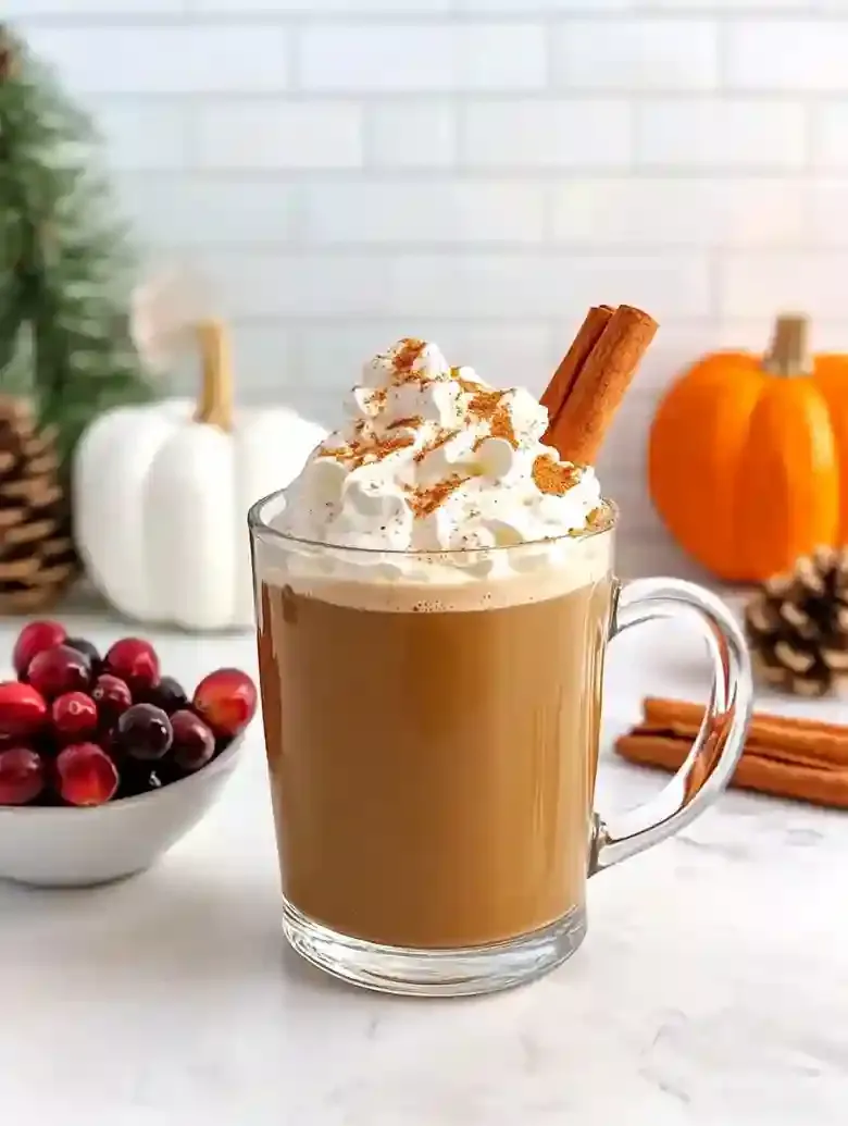 Glass mug of pumpkin spice drink topped with whipped cream and cinnamon.
