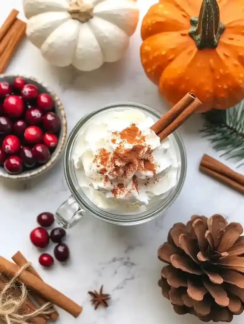 Glass mug of whipped cream, pumpkin spice, and cinnamon stick on marble.