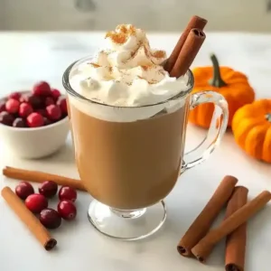 Glass mug with light brown beverage, whipped topping, and cinnamon stick, surrounded by pumpkin puree, cranberries, and tied cinnamon sticks.
