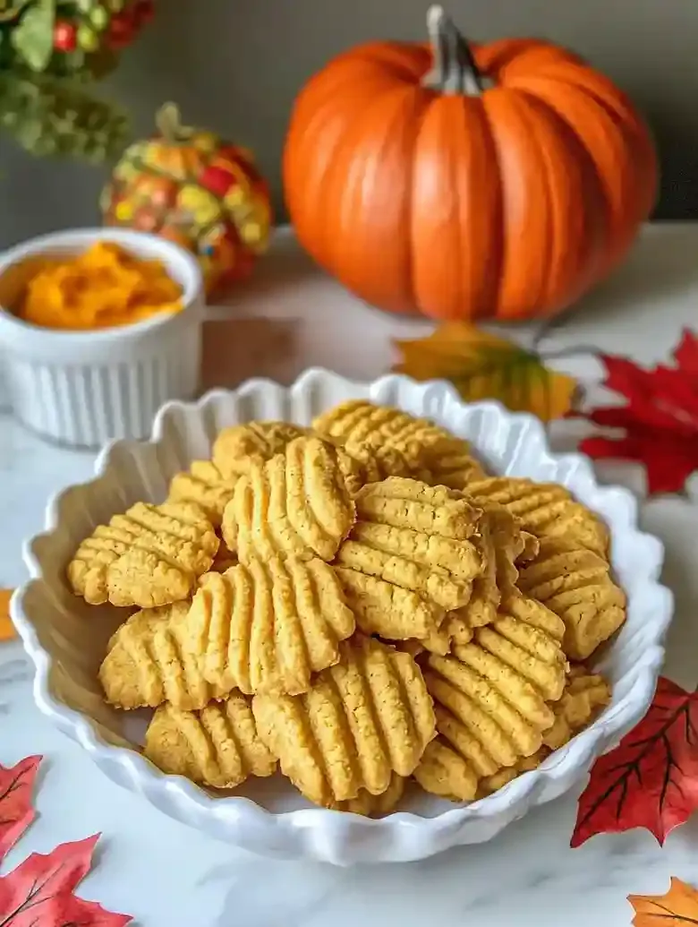 White bowl of pumpkin pie spritz cookies with autumn decorations.