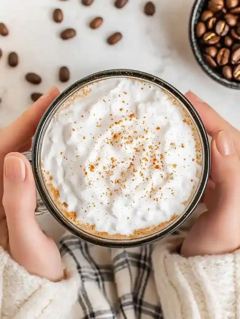 Pumpkin Vanilla Latte with whipped topping on a marble table, cozy sweater.